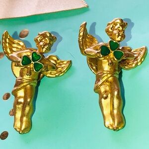 Two Vintage Avon NR Lapel Pins - St Patrick’s Day, Lucky Shamrock, Angel Cherub